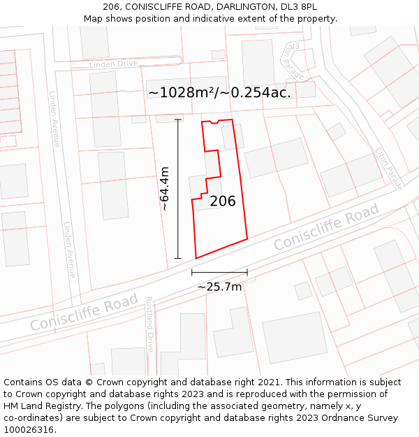 206, CONISCLIFFE ROAD, DARLINGTON, DL3 8PL: Plot and title map