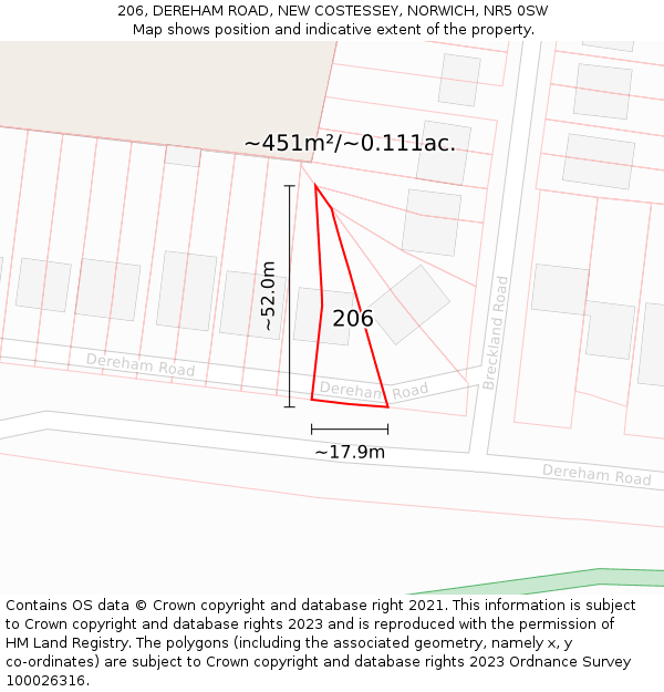 206, DEREHAM ROAD, NEW COSTESSEY, NORWICH, NR5 0SW: Plot and title map