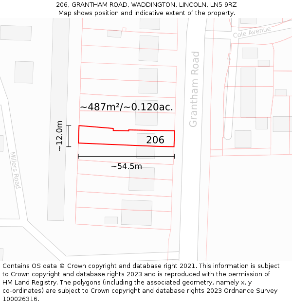 206, GRANTHAM ROAD, WADDINGTON, LINCOLN, LN5 9RZ: Plot and title map