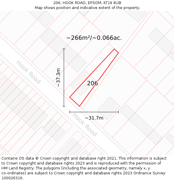 206, HOOK ROAD, EPSOM, KT19 8UB: Plot and title map