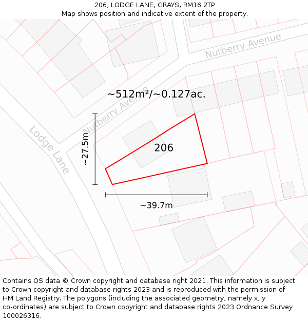 206, LODGE LANE, GRAYS, RM16 2TP: Plot and title map