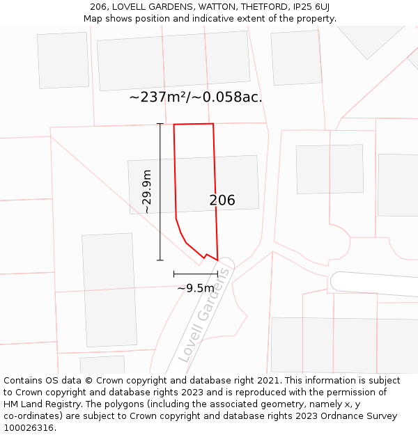 206, LOVELL GARDENS, WATTON, THETFORD, IP25 6UJ: Plot and title map