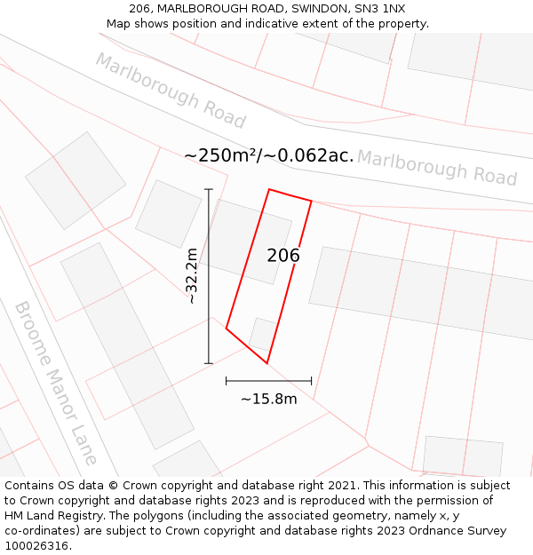 206, MARLBOROUGH ROAD, SWINDON, SN3 1NX: Plot and title map