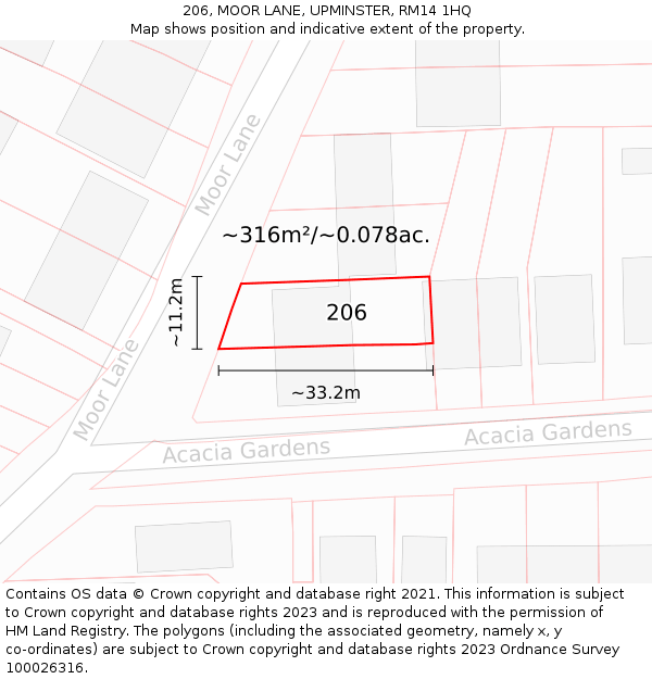 206, MOOR LANE, UPMINSTER, RM14 1HQ: Plot and title map