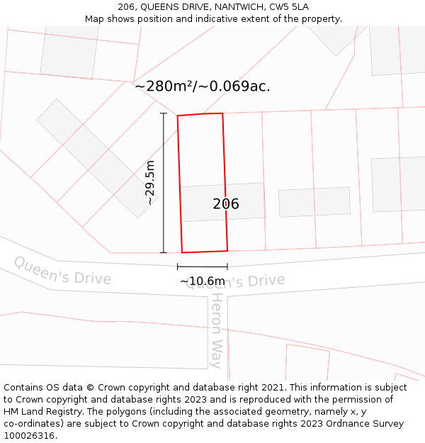 206, QUEENS DRIVE, NANTWICH, CW5 5LA: Plot and title map