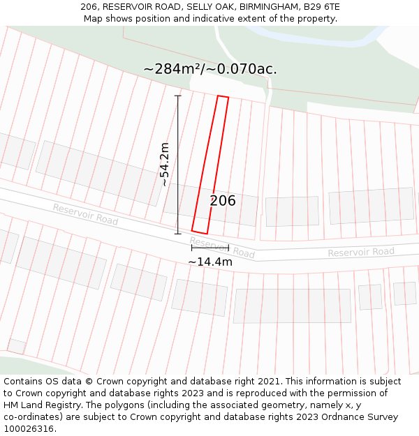 206, RESERVOIR ROAD, SELLY OAK, BIRMINGHAM, B29 6TE: Plot and title map