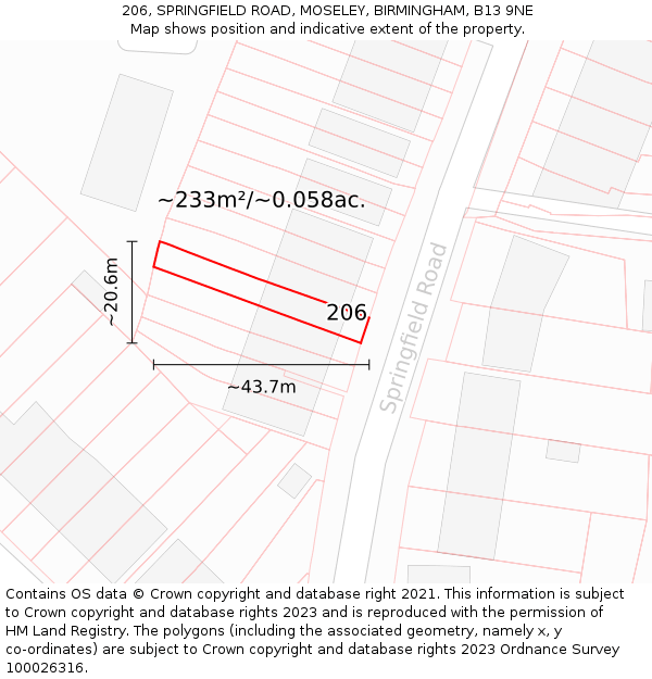 206, SPRINGFIELD ROAD, MOSELEY, BIRMINGHAM, B13 9NE: Plot and title map