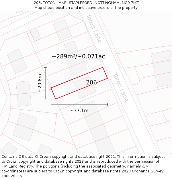 206, TOTON LANE, STAPLEFORD, NOTTINGHAM, NG9 7HZ: Plot and title map