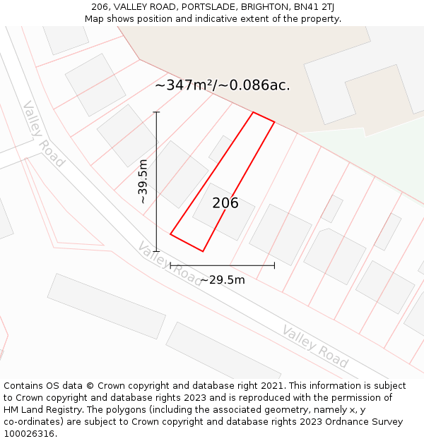 206, VALLEY ROAD, PORTSLADE, BRIGHTON, BN41 2TJ: Plot and title map