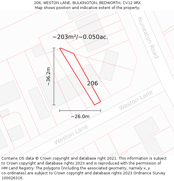 206, WESTON LANE, BULKINGTON, BEDWORTH, CV12 9RX: Plot and title map