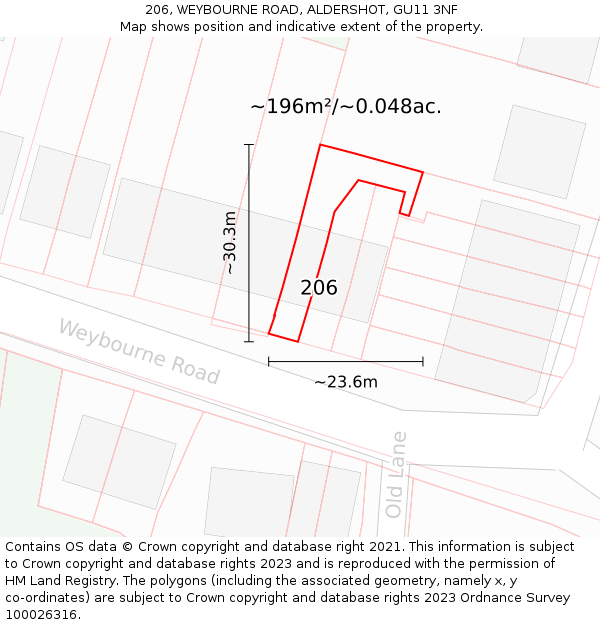 206, WEYBOURNE ROAD, ALDERSHOT, GU11 3NF: Plot and title map