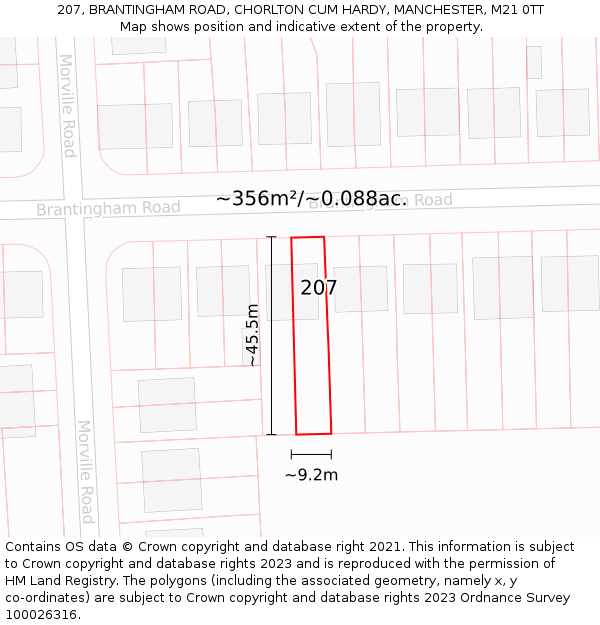 207, BRANTINGHAM ROAD, CHORLTON CUM HARDY, MANCHESTER, M21 0TT: Plot and title map