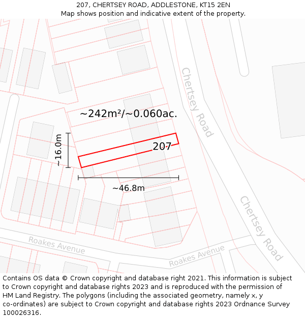 207, CHERTSEY ROAD, ADDLESTONE, KT15 2EN: Plot and title map