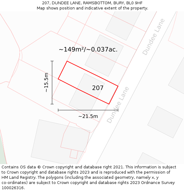 207, DUNDEE LANE, RAMSBOTTOM, BURY, BL0 9HF: Plot and title map