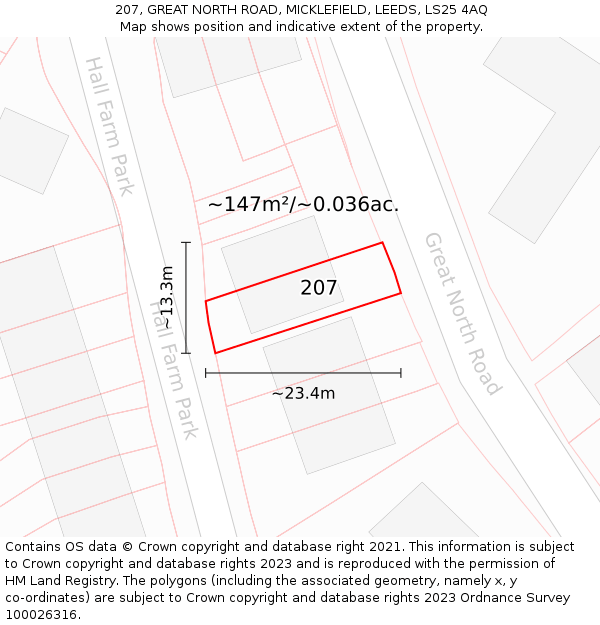 207, GREAT NORTH ROAD, MICKLEFIELD, LEEDS, LS25 4AQ: Plot and title map