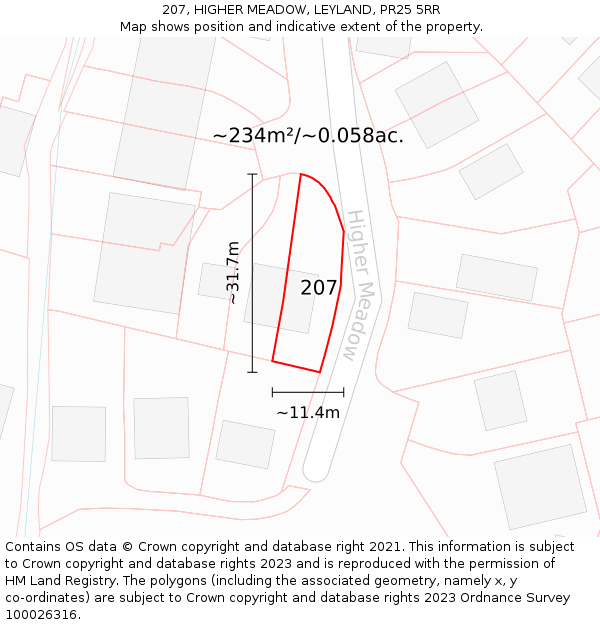 207, HIGHER MEADOW, LEYLAND, PR25 5RR: Plot and title map