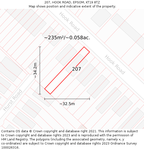 207, HOOK ROAD, EPSOM, KT19 8TZ: Plot and title map