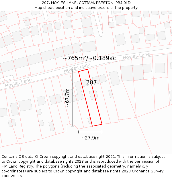 207, HOYLES LANE, COTTAM, PRESTON, PR4 0LD: Plot and title map