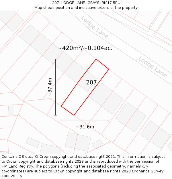 207, LODGE LANE, GRAYS, RM17 5PU: Plot and title map