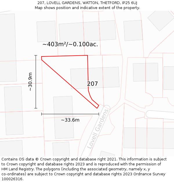 207, LOVELL GARDENS, WATTON, THETFORD, IP25 6UJ: Plot and title map