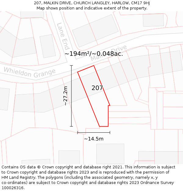 207, MALKIN DRIVE, CHURCH LANGLEY, HARLOW, CM17 9HJ: Plot and title map