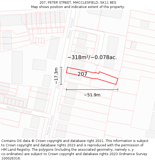 207, PETER STREET, MACCLESFIELD, SK11 8ES: Plot and title map