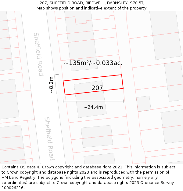 207, SHEFFIELD ROAD, BIRDWELL, BARNSLEY, S70 5TJ: Plot and title map