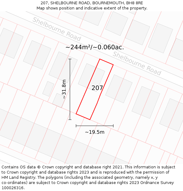 207, SHELBOURNE ROAD, BOURNEMOUTH, BH8 8RE: Plot and title map