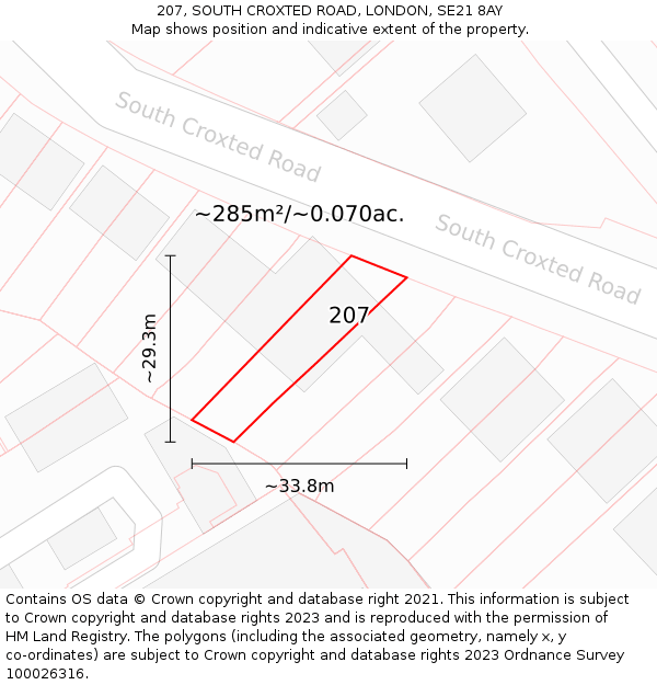 207, SOUTH CROXTED ROAD, LONDON, SE21 8AY: Plot and title map