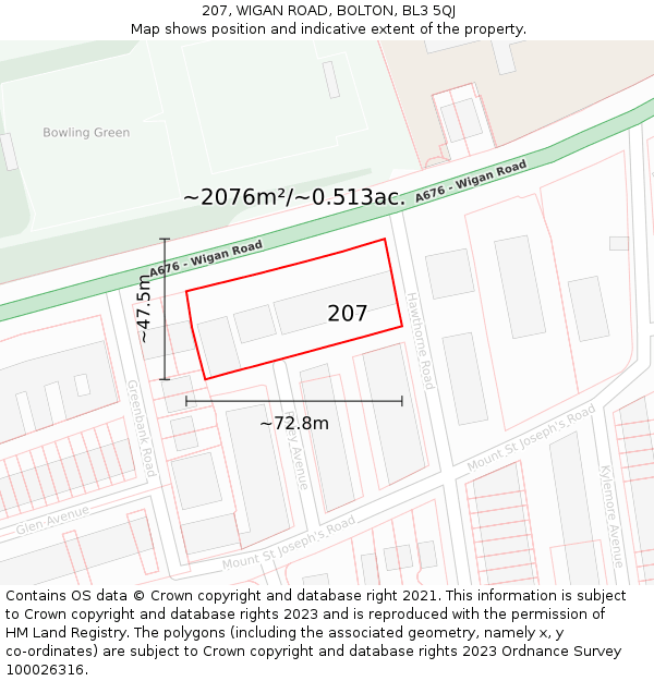 207, WIGAN ROAD, BOLTON, BL3 5QJ: Plot and title map