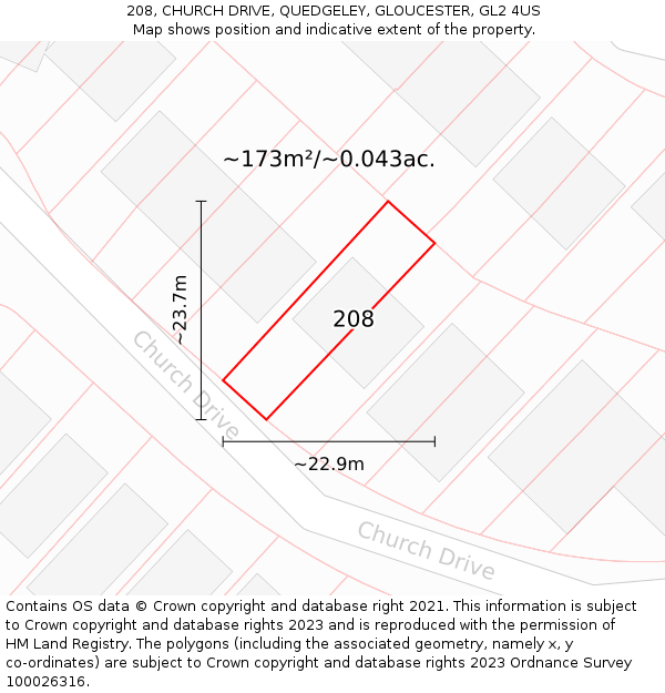 208, CHURCH DRIVE, QUEDGELEY, GLOUCESTER, GL2 4US: Plot and title map