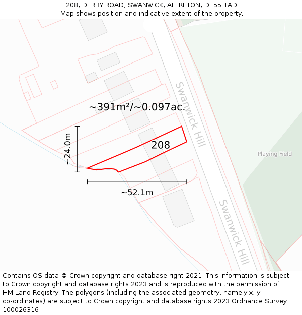 208, DERBY ROAD, SWANWICK, ALFRETON, DE55 1AD: Plot and title map