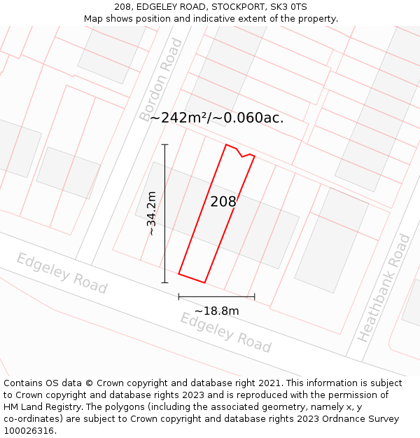 208, EDGELEY ROAD, STOCKPORT, SK3 0TS: Plot and title map