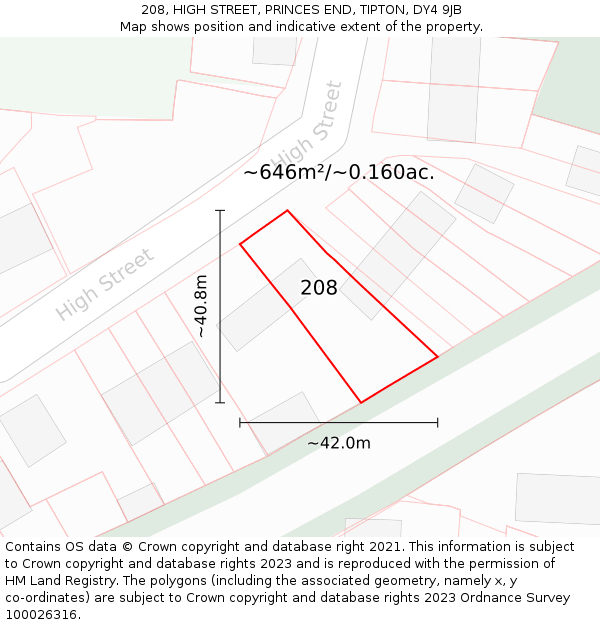 208, HIGH STREET, PRINCES END, TIPTON, DY4 9JB: Plot and title map