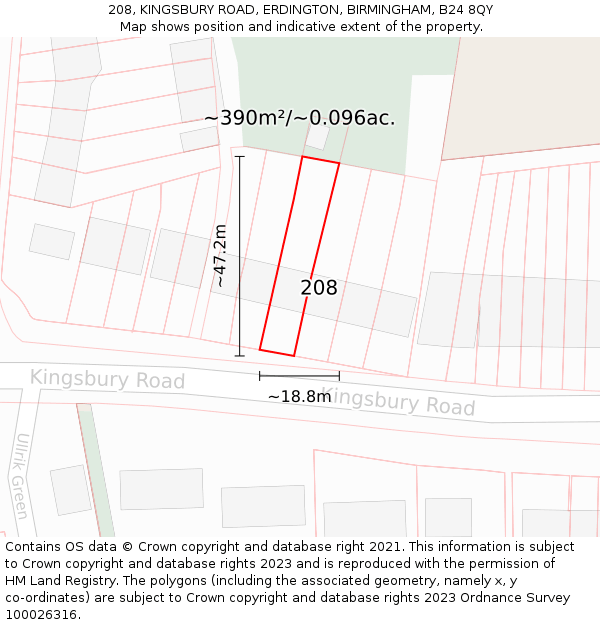 208, KINGSBURY ROAD, ERDINGTON, BIRMINGHAM, B24 8QY: Plot and title map