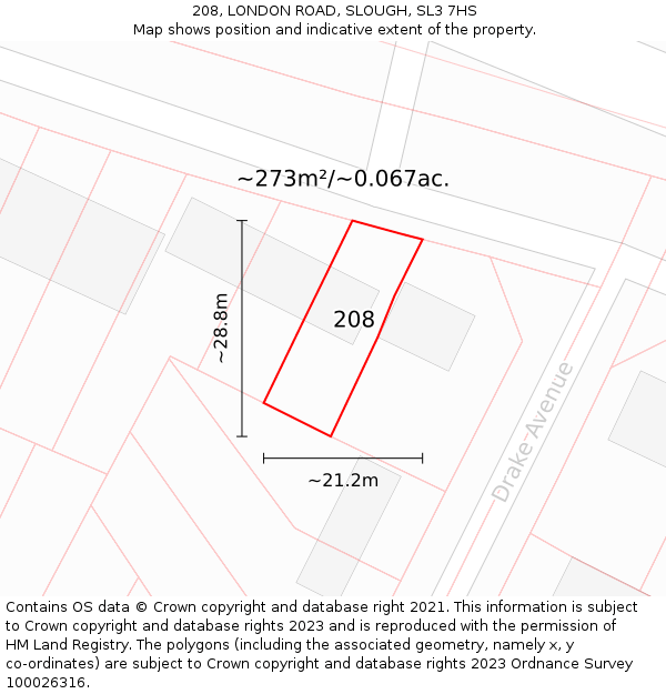 208, LONDON ROAD, SLOUGH, SL3 7HS: Plot and title map