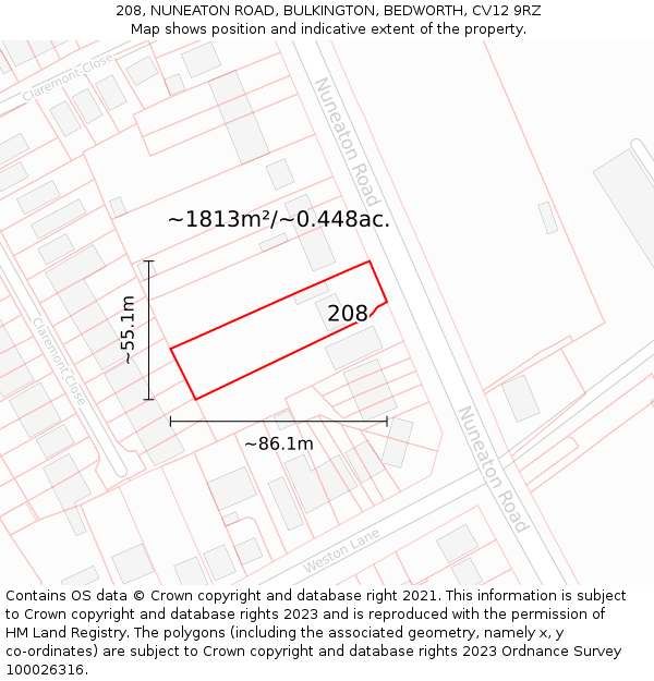 208, NUNEATON ROAD, BULKINGTON, BEDWORTH, CV12 9RZ: Plot and title map