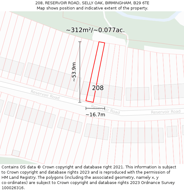 208, RESERVOIR ROAD, SELLY OAK, BIRMINGHAM, B29 6TE: Plot and title map