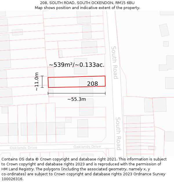 208, SOUTH ROAD, SOUTH OCKENDON, RM15 6BU: Plot and title map