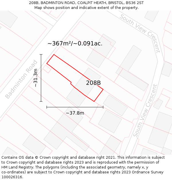 208B, BADMINTON ROAD, COALPIT HEATH, BRISTOL, BS36 2ST: Plot and title map