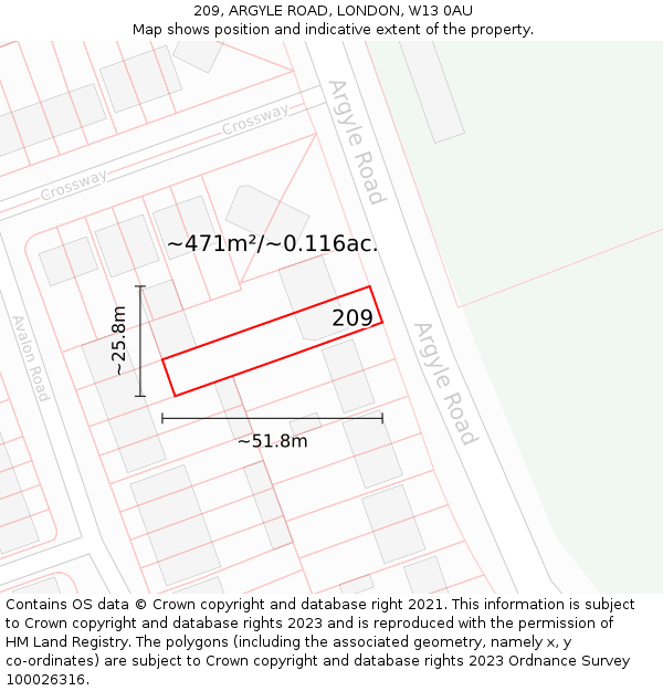 209, ARGYLE ROAD, LONDON, W13 0AU: Plot and title map