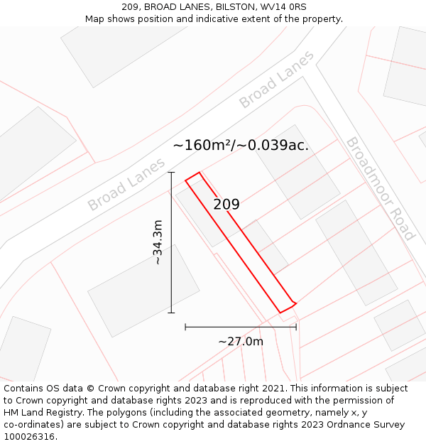 209, BROAD LANES, BILSTON, WV14 0RS: Plot and title map