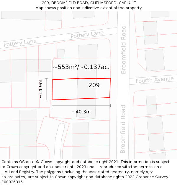 209, BROOMFIELD ROAD, CHELMSFORD, CM1 4HE: Plot and title map