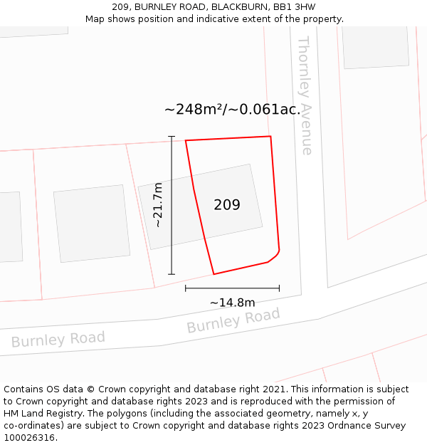 209, BURNLEY ROAD, BLACKBURN, BB1 3HW: Plot and title map