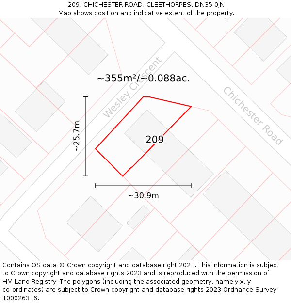 209, CHICHESTER ROAD, CLEETHORPES, DN35 0JN: Plot and title map