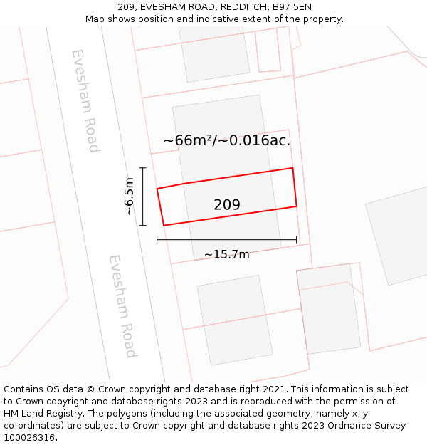 209, EVESHAM ROAD, REDDITCH, B97 5EN: Plot and title map