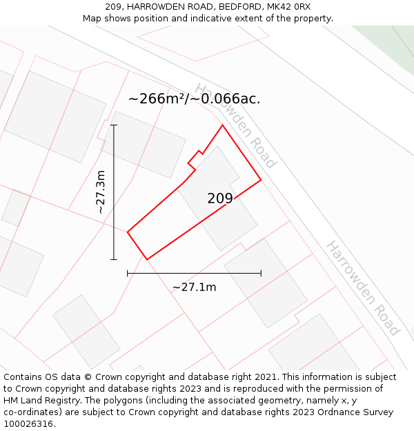 209, HARROWDEN ROAD, BEDFORD, MK42 0RX: Plot and title map