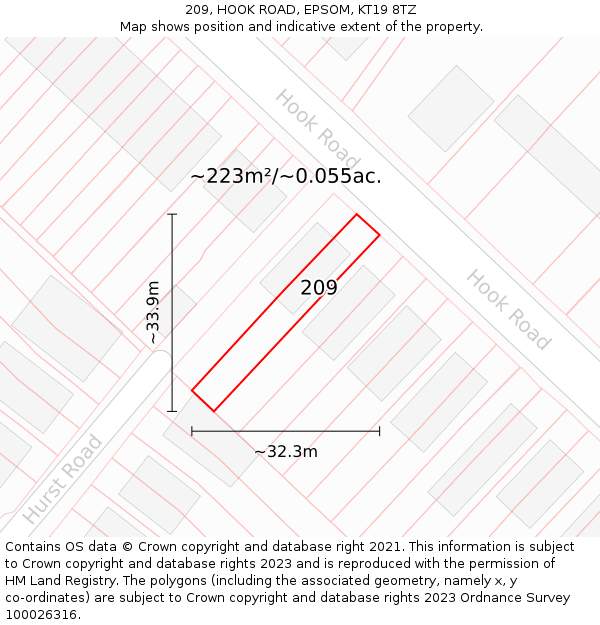 209, HOOK ROAD, EPSOM, KT19 8TZ: Plot and title map