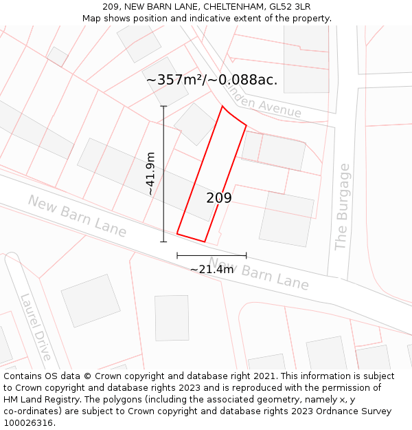 209, NEW BARN LANE, CHELTENHAM, GL52 3LR: Plot and title map