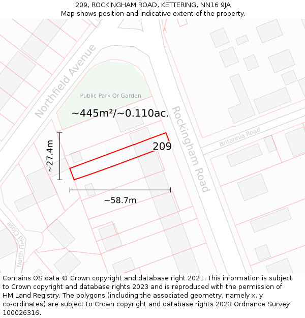 209, ROCKINGHAM ROAD, KETTERING, NN16 9JA: Plot and title map